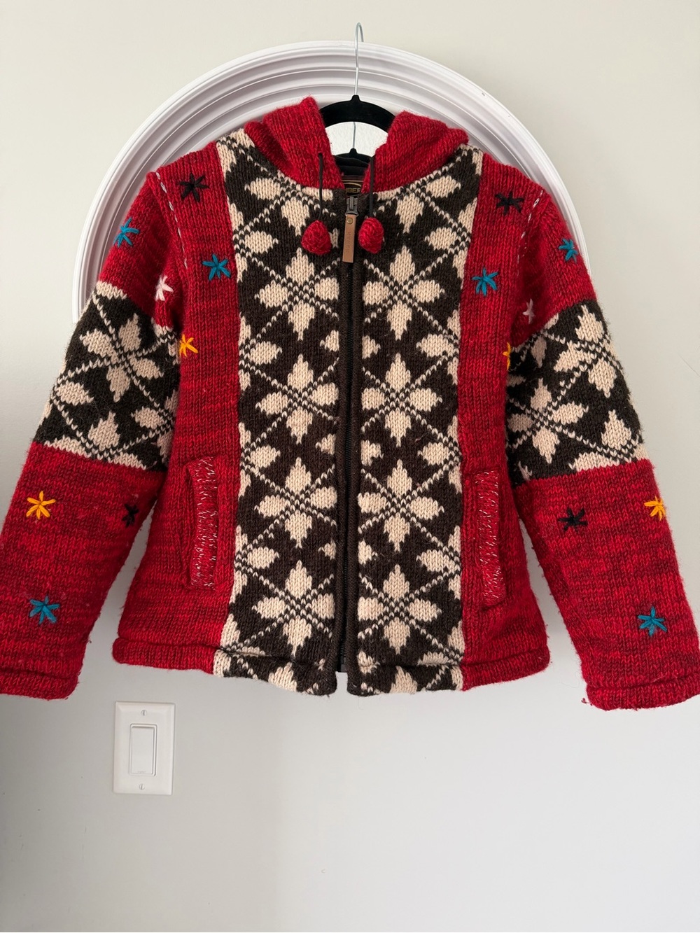 Women's Red Patterned Hooded Zip Cardigan Sweater